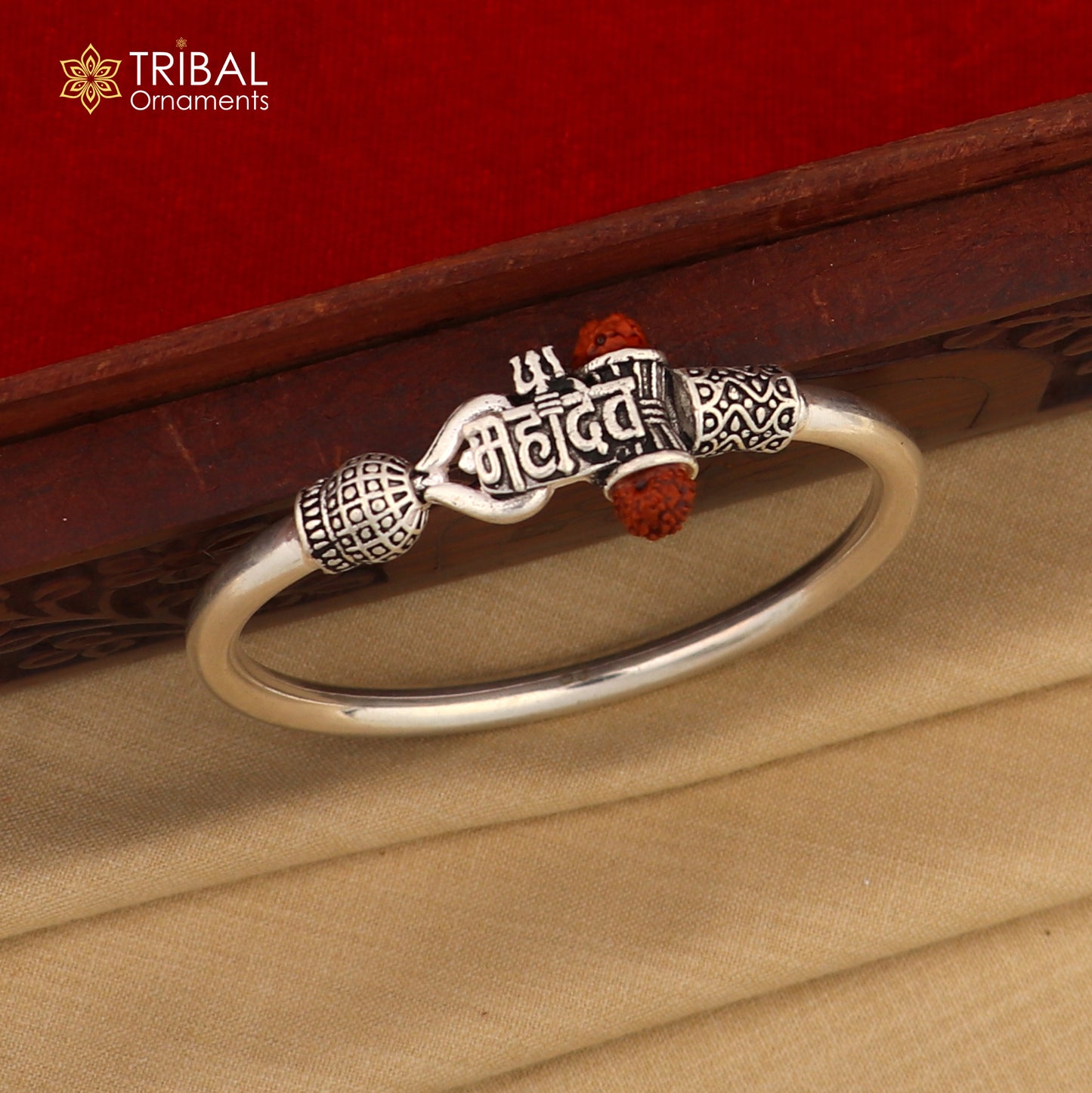 925 Sterling silver shiva trishul and mahadev rudraksha bangle bracelet kada tribal jewelry nsk934 - TRIBAL ORNAMENTS