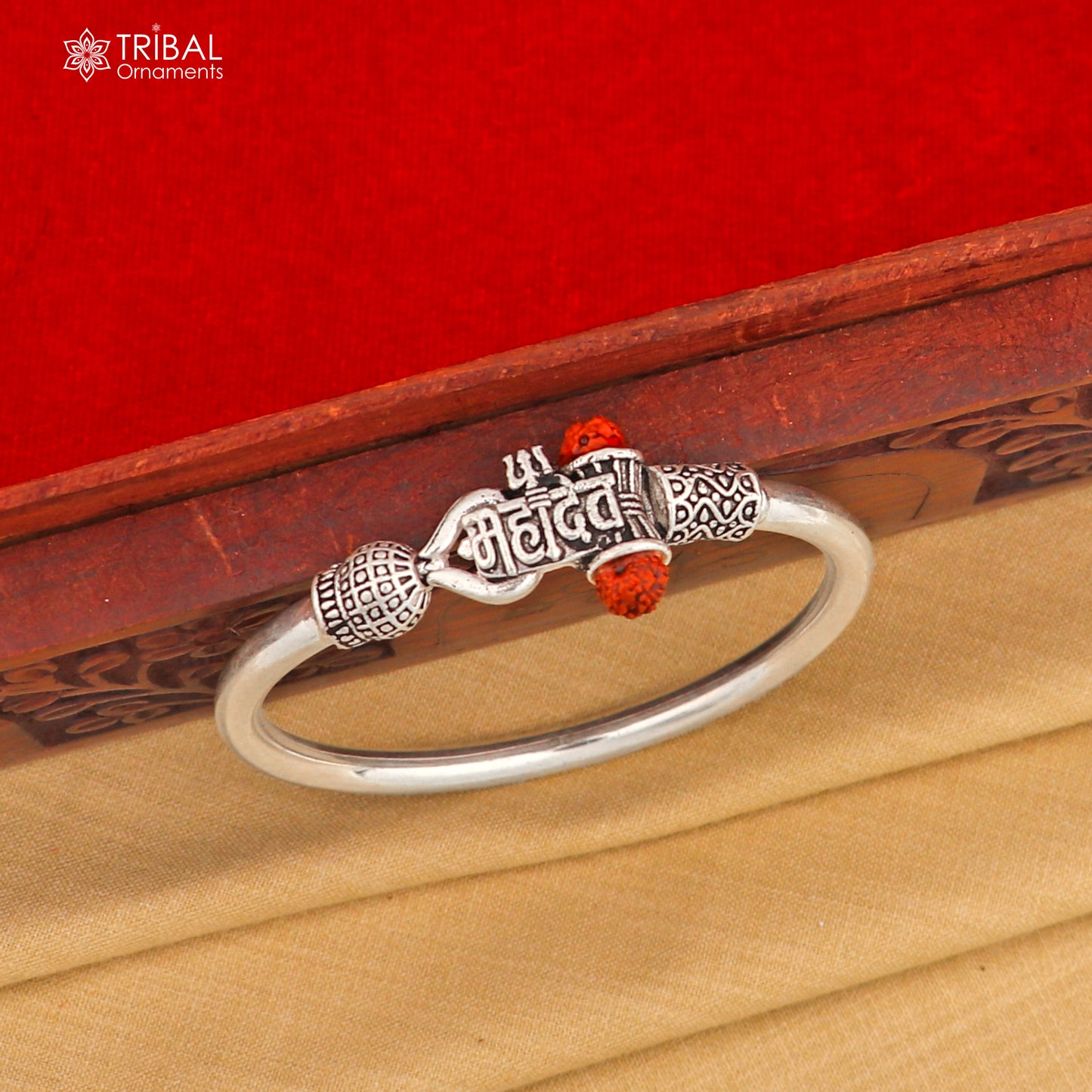 925 Sterling silver shiva trishul and mahadev rudraksha bangle bracelet kada tribal jewelry nsk934 - TRIBAL ORNAMENTS