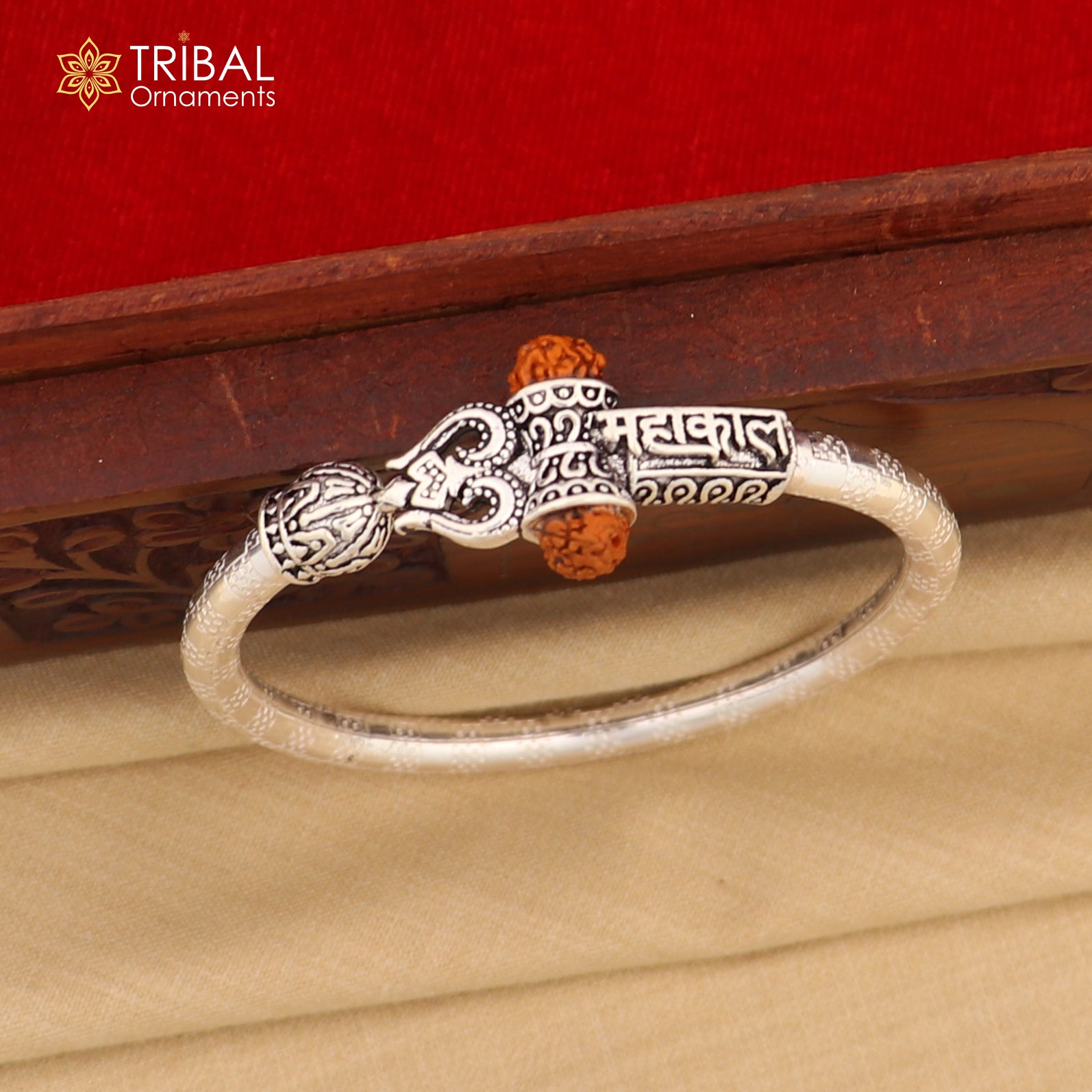 925 Sterling silver shiva trishul and mahakal rudraksha bangle bracelet kada tribal jewelry nsk933 - TRIBAL ORNAMENTS