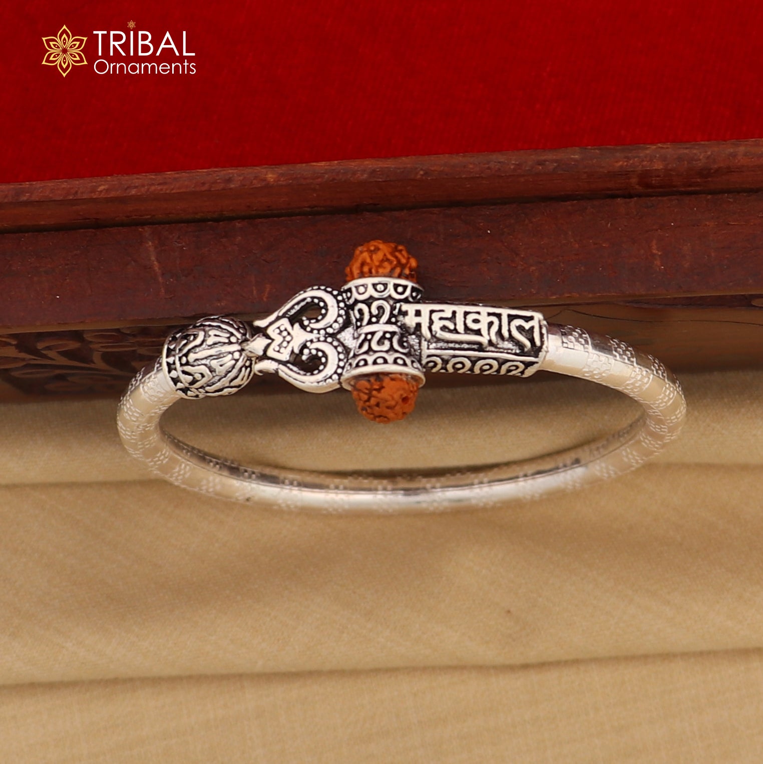 925 Sterling silver shiva trishul and mahakal rudraksha bangle bracelet kada tribal jewelry nsk933 - TRIBAL ORNAMENTS