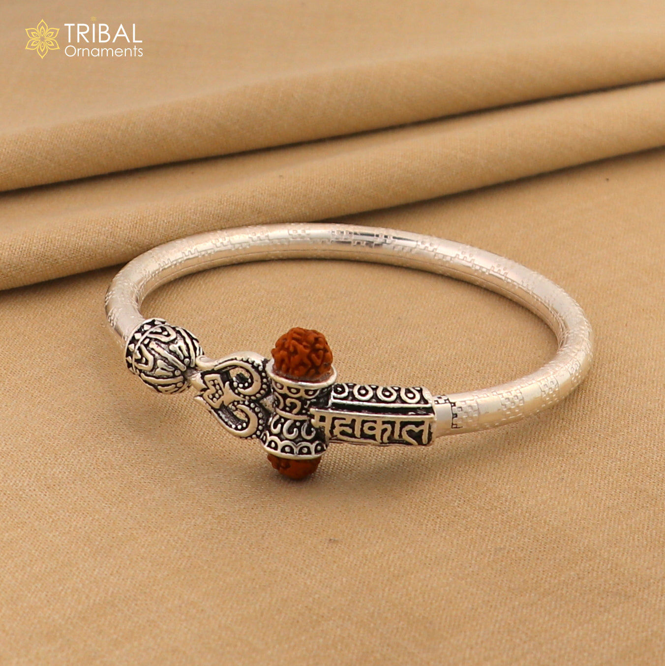 925 Sterling silver shiva trishul and mahakal rudraksha bangle bracelet kada tribal jewelry nsk933 - TRIBAL ORNAMENTS