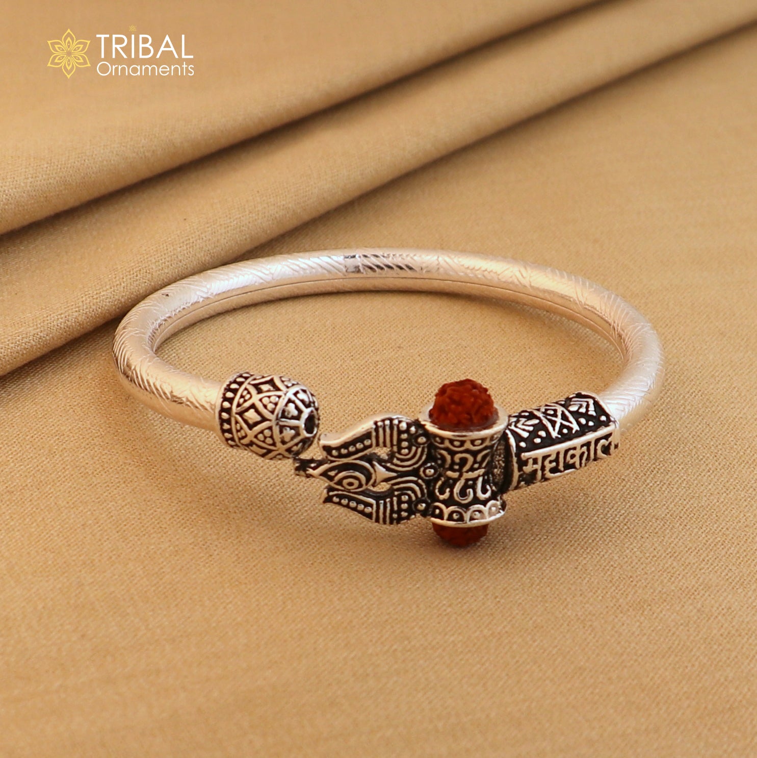 925 Sterling silver shiva trishul and mahakal rudraksha bangle bracelet kada tribal jewelry nsk944 - TRIBAL ORNAMENTS