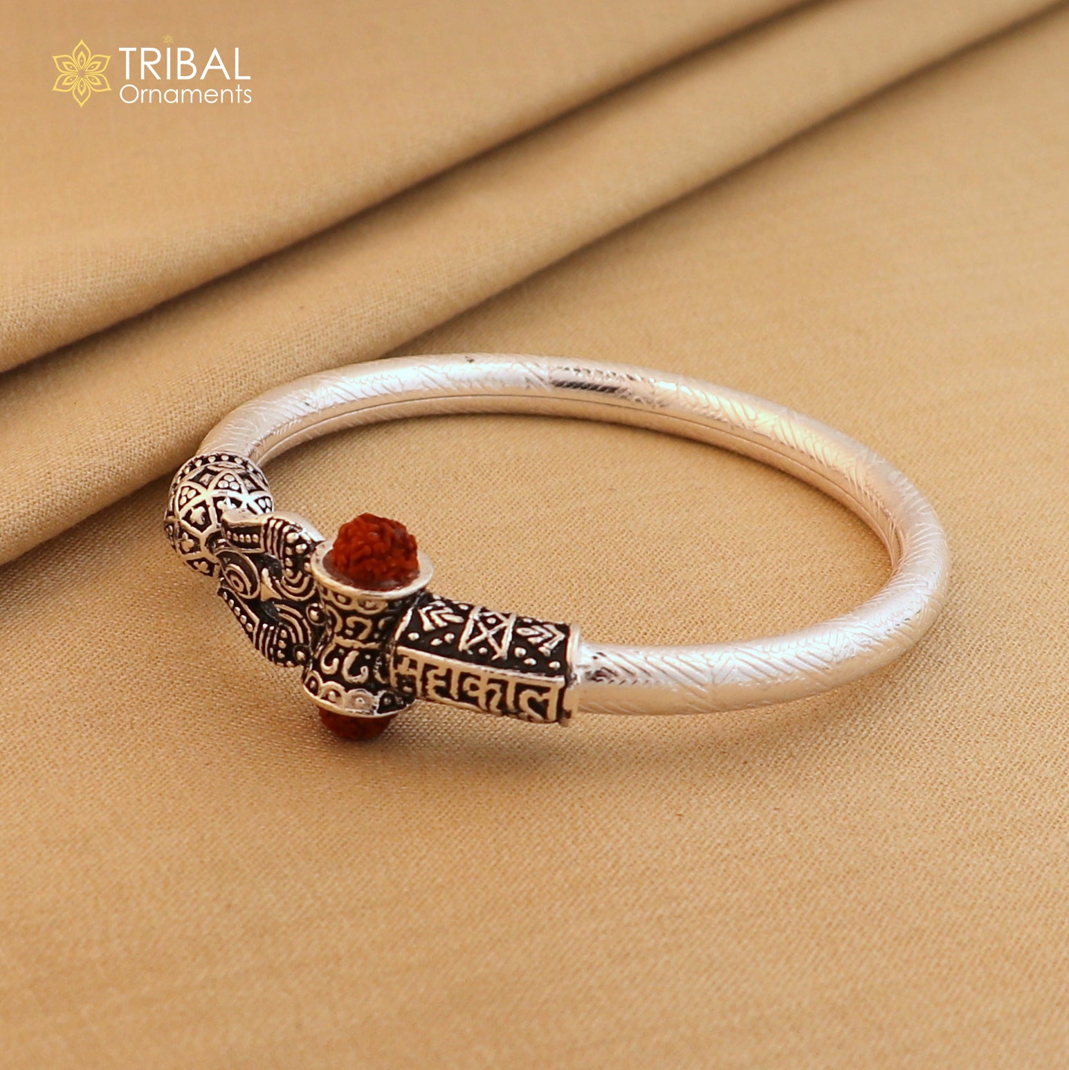 925 Sterling silver shiva trishul and mahakal rudraksha bangle bracelet kada tribal jewelry nsk944 - TRIBAL ORNAMENTS