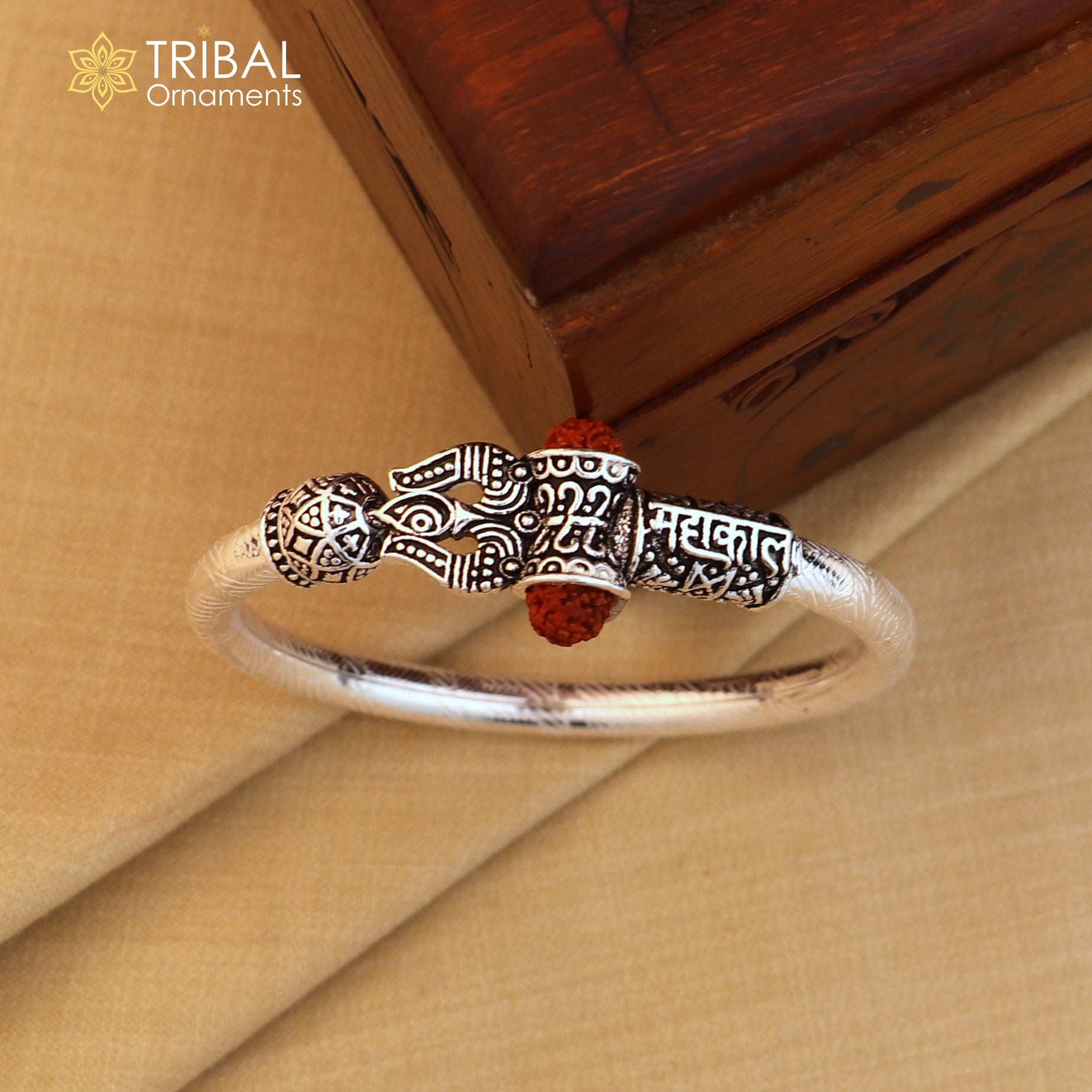 925 Sterling silver shiva trishul and mahakal rudraksha bangle bracelet kada tribal jewelry nsk944 - TRIBAL ORNAMENTS