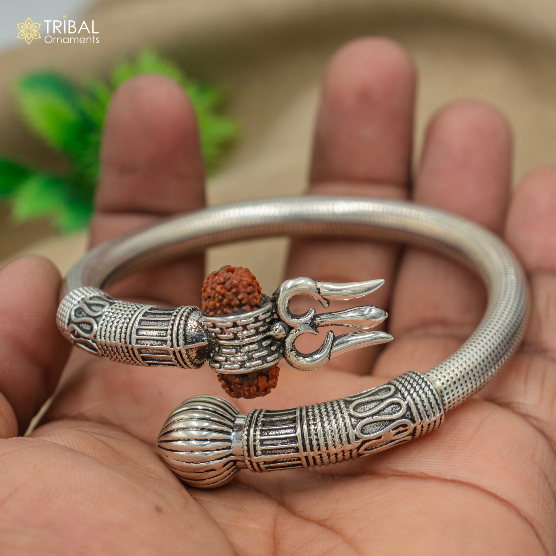 925 Sterling silver shiva trishul and rudraksha bangle bracelet kada tribal jewelry nsk905 - TRIBAL ORNAMENTS