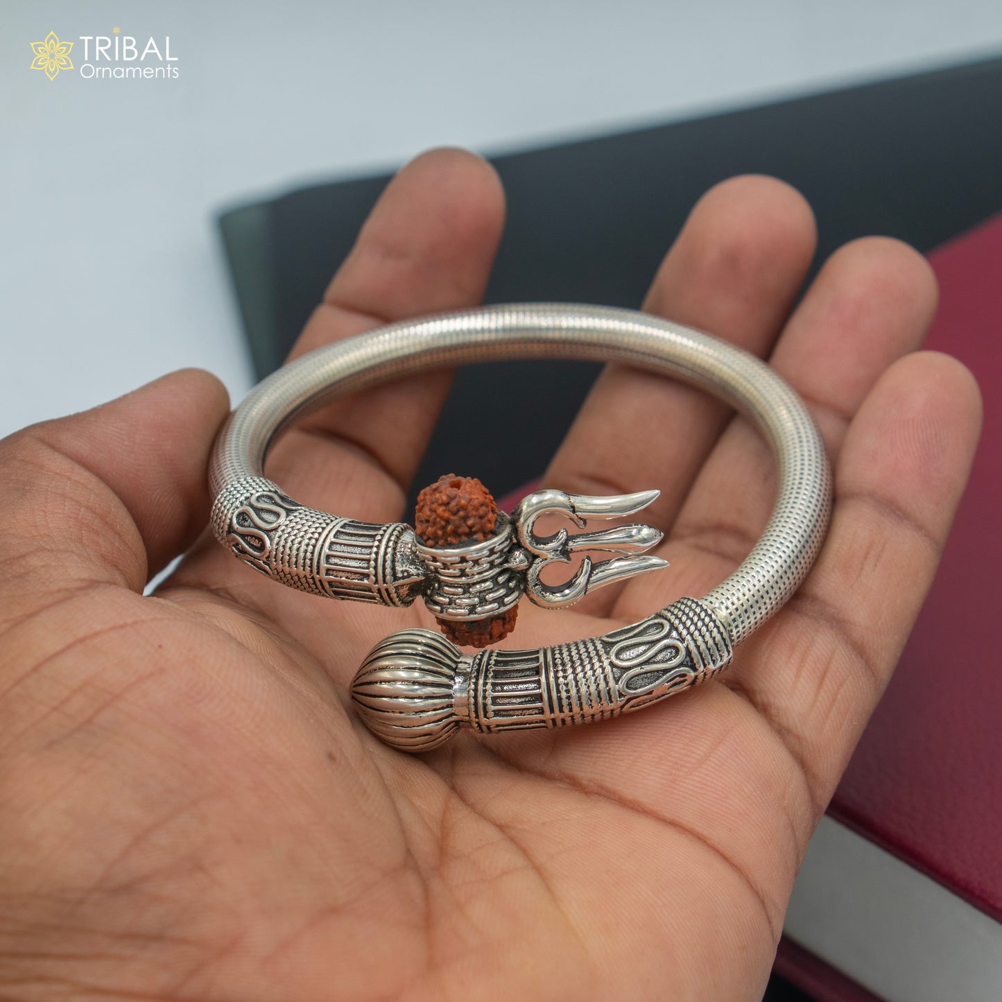 925 Sterling silver shiva trishul and rudraksha bangle bracelet kada tribal jewelry nsk905 - TRIBAL ORNAMENTS