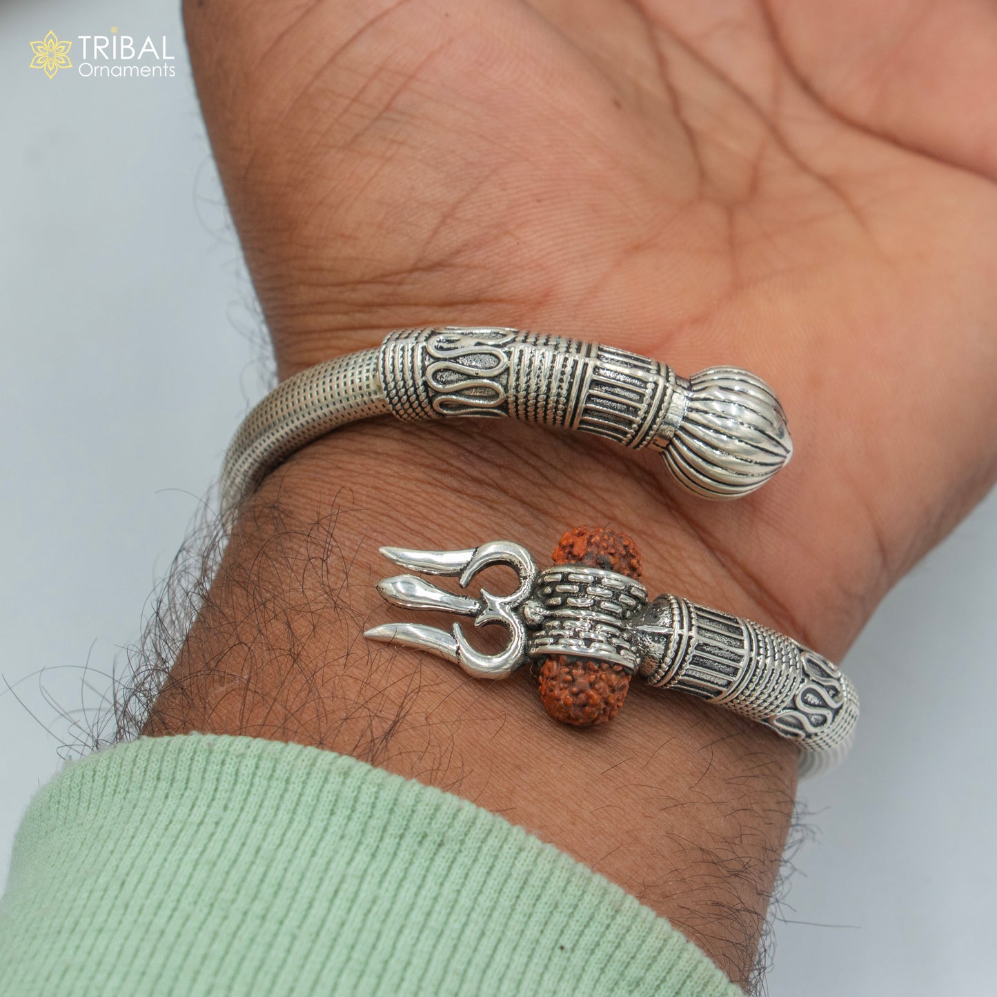 925 Sterling silver shiva trishul and rudraksha bangle bracelet kada tribal jewelry nsk905 - TRIBAL ORNAMENTS