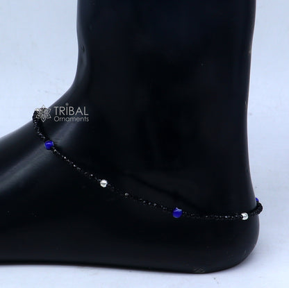 925 sterling silver single chain  evil eye black beaded anklet bracelet amazing light weight delicate anklets silver jewelry ank657 - TRIBAL ORNAMENTS