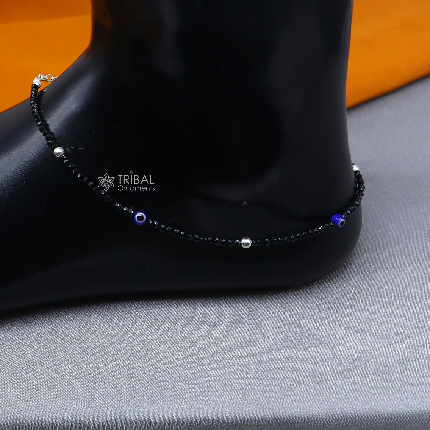 925 sterling silver single chain  evil eye black beaded anklet bracelet amazing light weight delicate anklets silver jewelry ank657 - TRIBAL ORNAMENTS