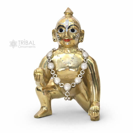 Sterling silver single line pearl chain necklace set for Lord Krishna Gopala, handmade Little Krishna jewelry, tribal ornaments style.