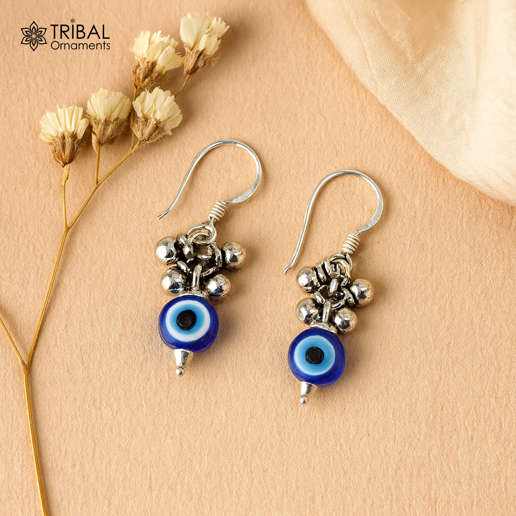925 Sterling silver small evil eye handmade hoops earring amazing customized drop dangle evil eyes jewelry for girl's s1165 - TRIBAL ORNAMENTS