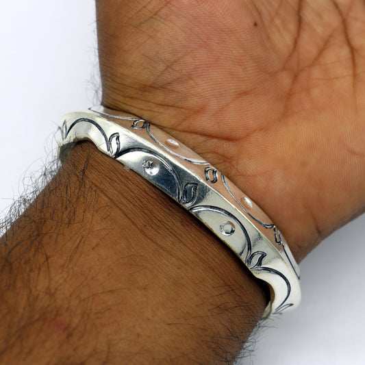 925 sterling silver solid adjustable heavy kada bracelet for men, amazing indian traditional cultural design plain kada nsk824 - TRIBAL ORNAMENTS
