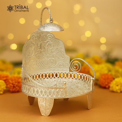 925 sterling silver solid Sinhasan throne for idol gods, decorative stand chair for temple puja, collectible gift by Tribal Ornaments