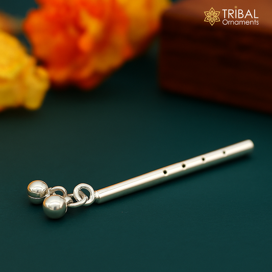 925 sterling silver sterling silver handmade idol krishna flute, silver bansuri, laddu gopala flute, little krishna flute puja art su575 - TRIBAL ORNAMENTS
