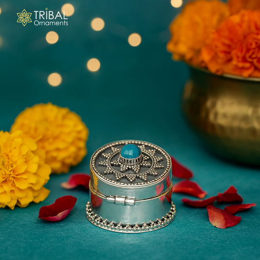 925 sterling silver Stunning Rava work design turquoise stone trinket box, Sindoor box, brides gift collection silver stunning box stb222 - TRIBAL ORNAMENTS