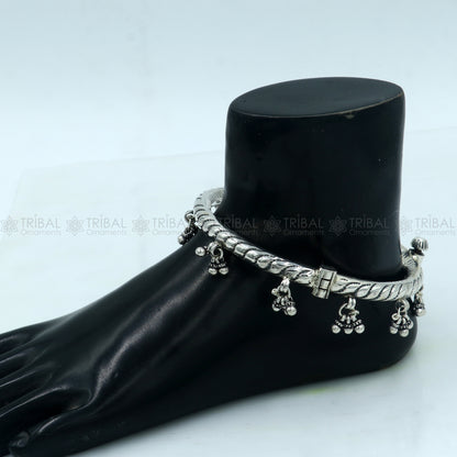 925 sterling silver stylish ankle kada with hanging bells and intricate design, perfect for elegant traditional foot jewelry.