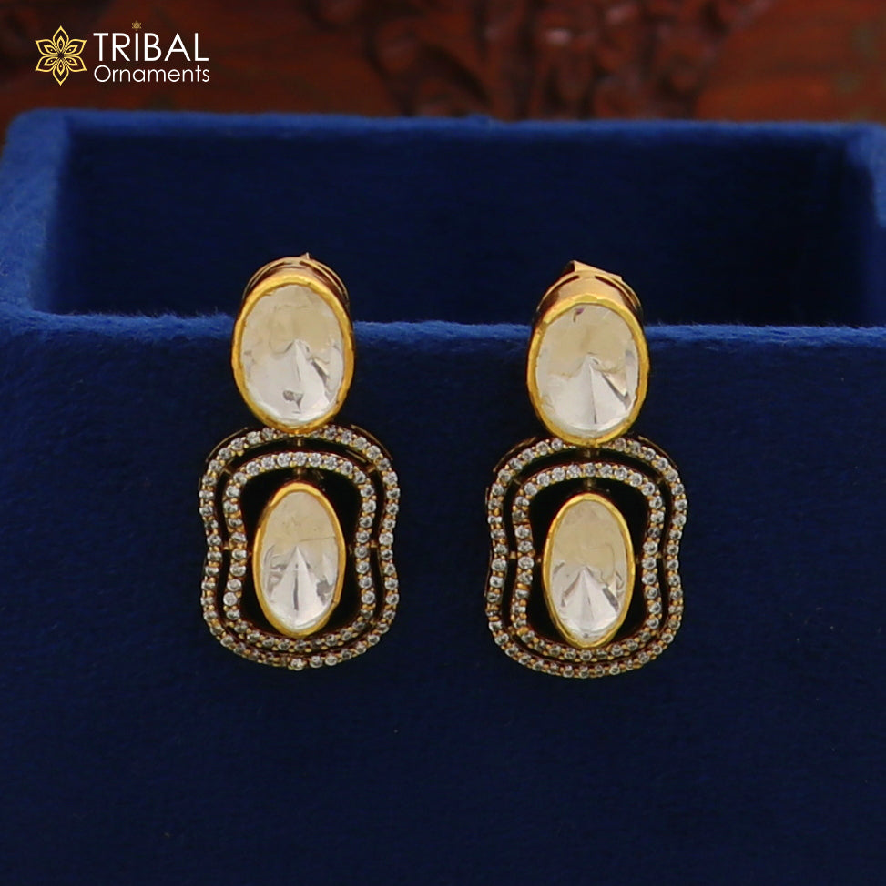 925 sterling silver stylish design white kundan stud polki style earring er209 - TRIBAL ORNAMENTS