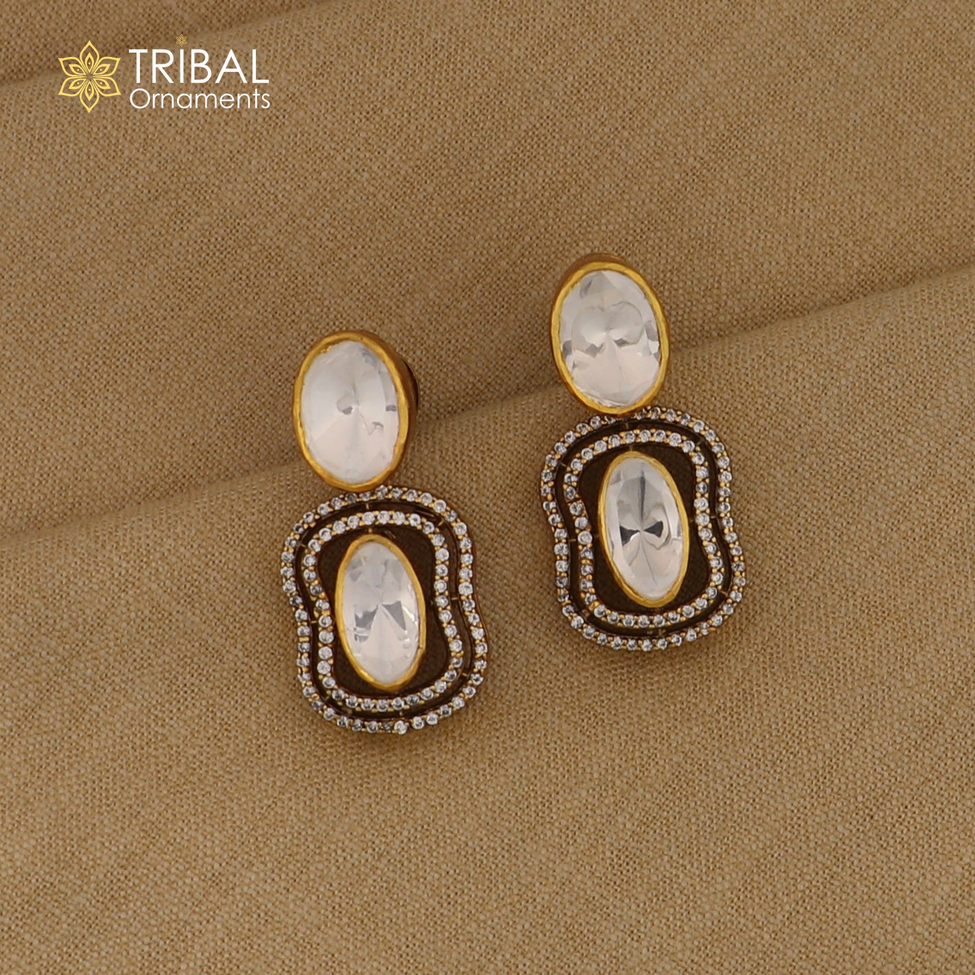 925 sterling silver stylish design white kundan stud polki style earring er209 - TRIBAL ORNAMENTS