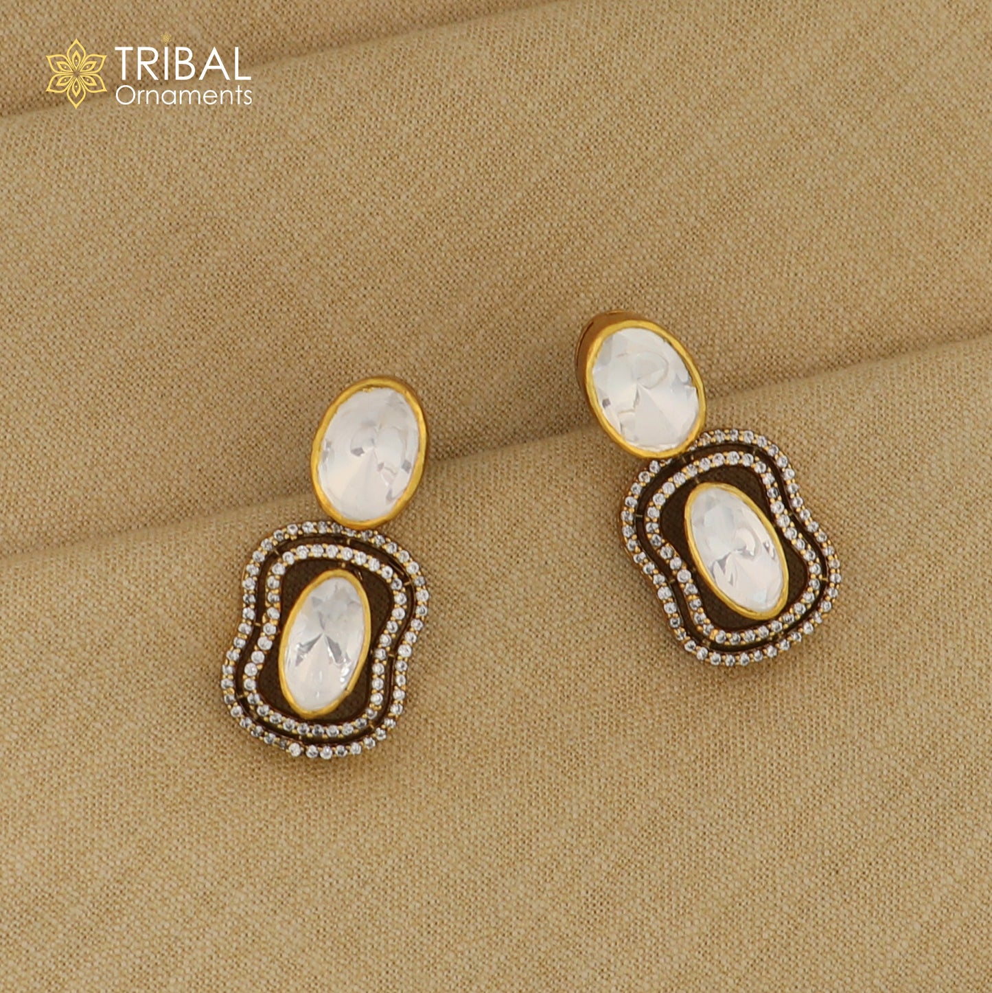 925 sterling silver stylish design white kundan stud polki style earring er209 - TRIBAL ORNAMENTS