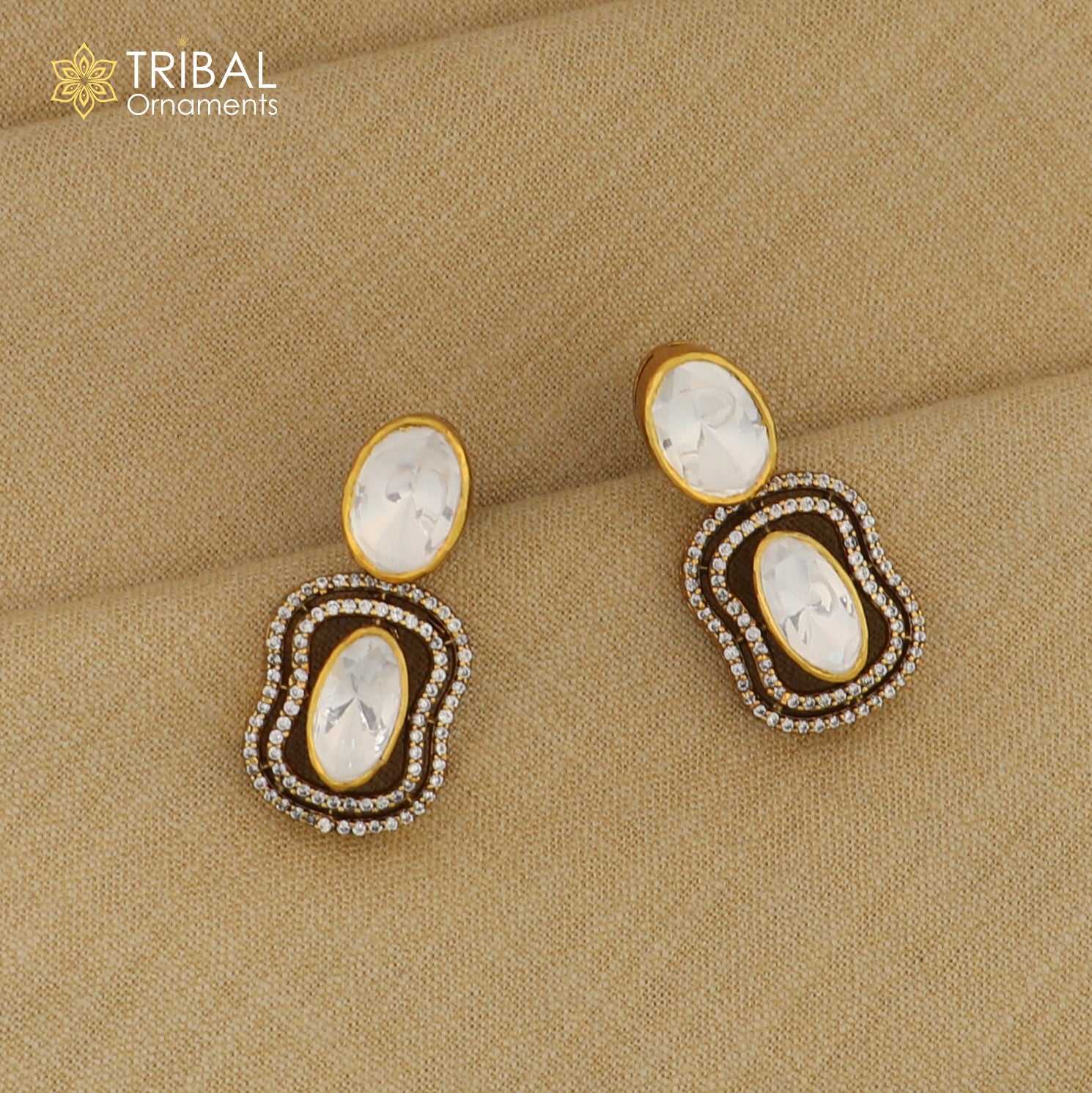 925 sterling silver stylish design white kundan stud polki style earring er209 - TRIBAL ORNAMENTS