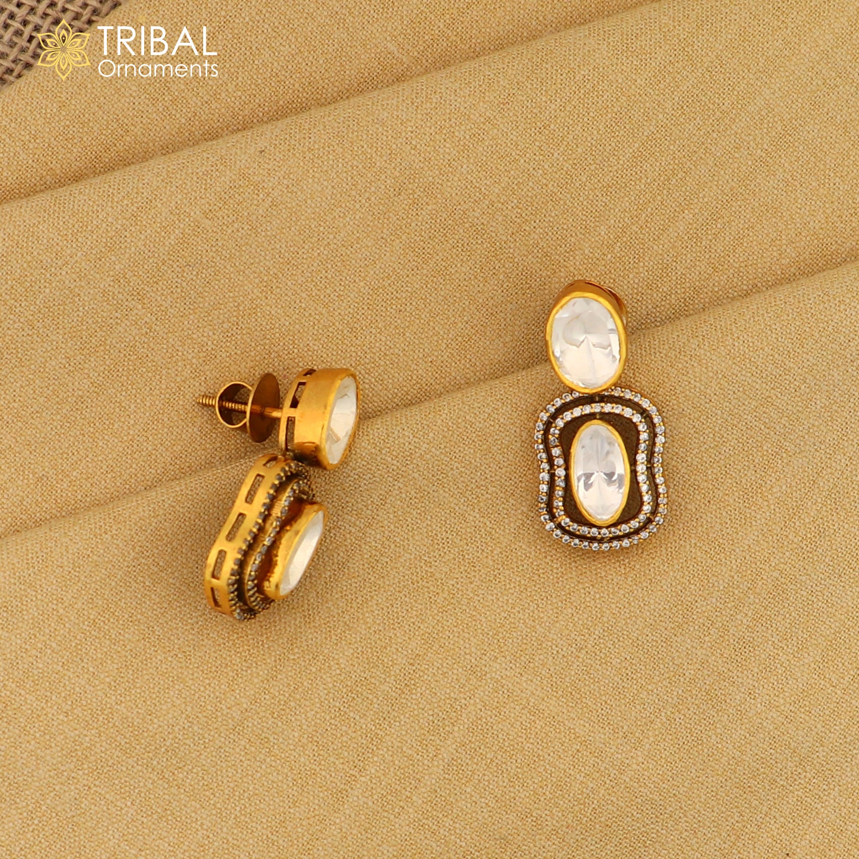 925 sterling silver stylish design white kundan stud polki style earring er209 - TRIBAL ORNAMENTS