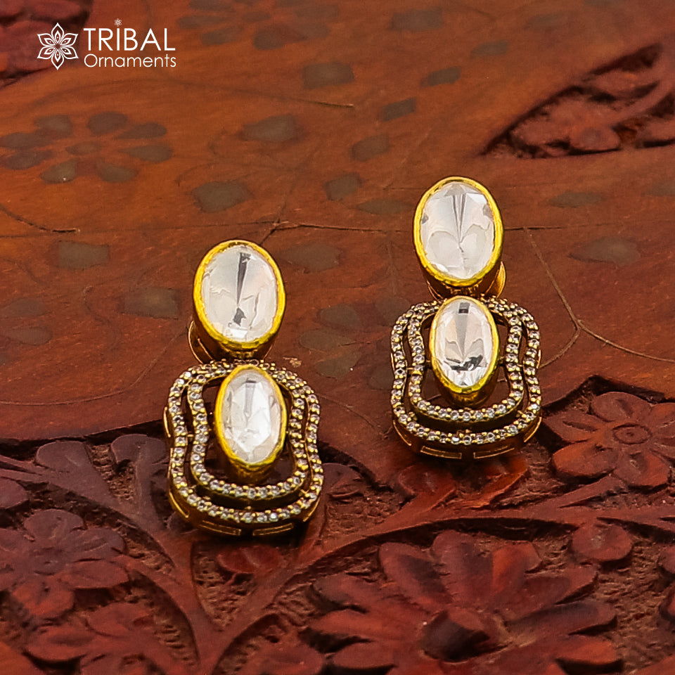 925 sterling silver stylish design white kundan stud polki style earring er209 - TRIBAL ORNAMENTS