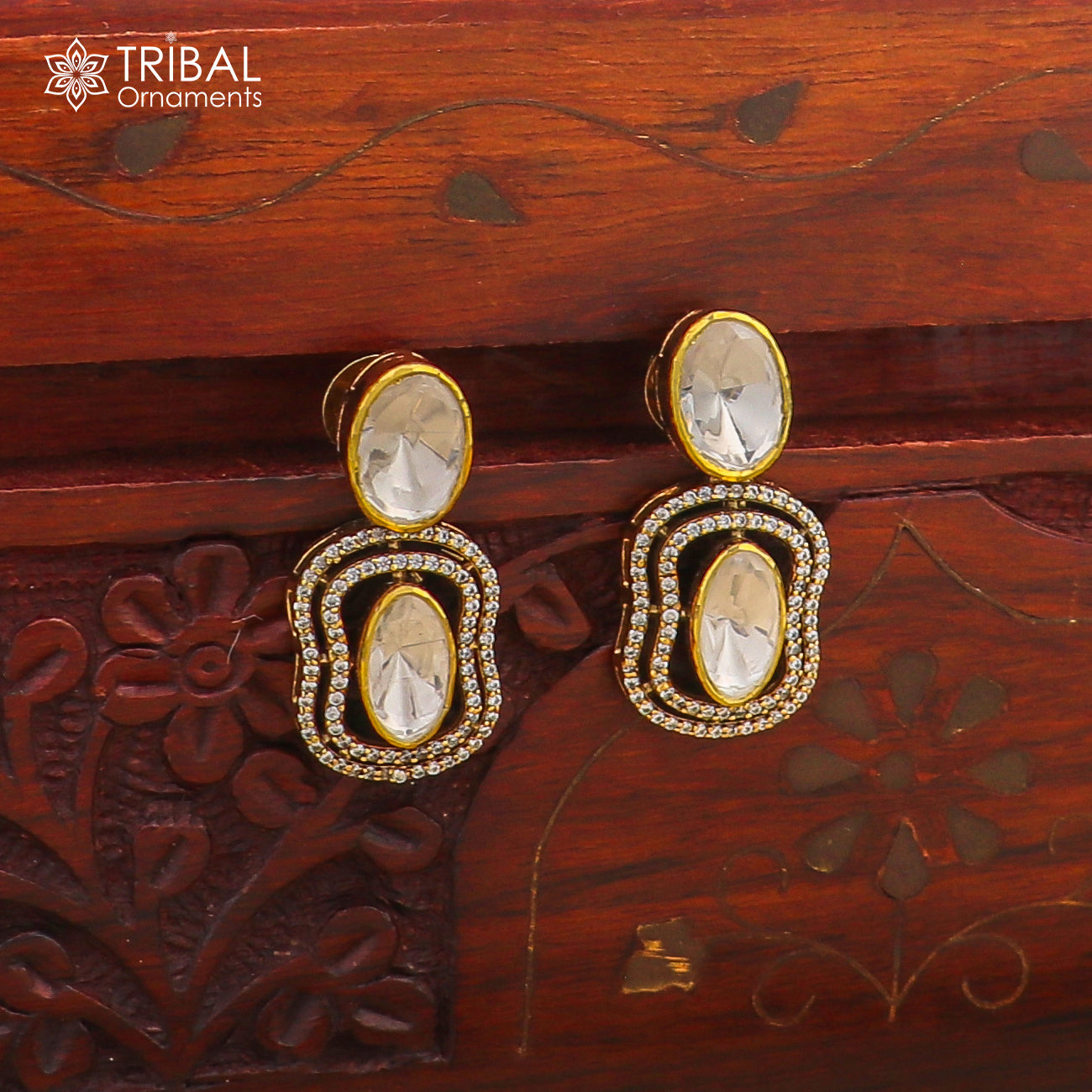925 sterling silver stylish design white kundan stud polki style earring er209 - TRIBAL ORNAMENTS