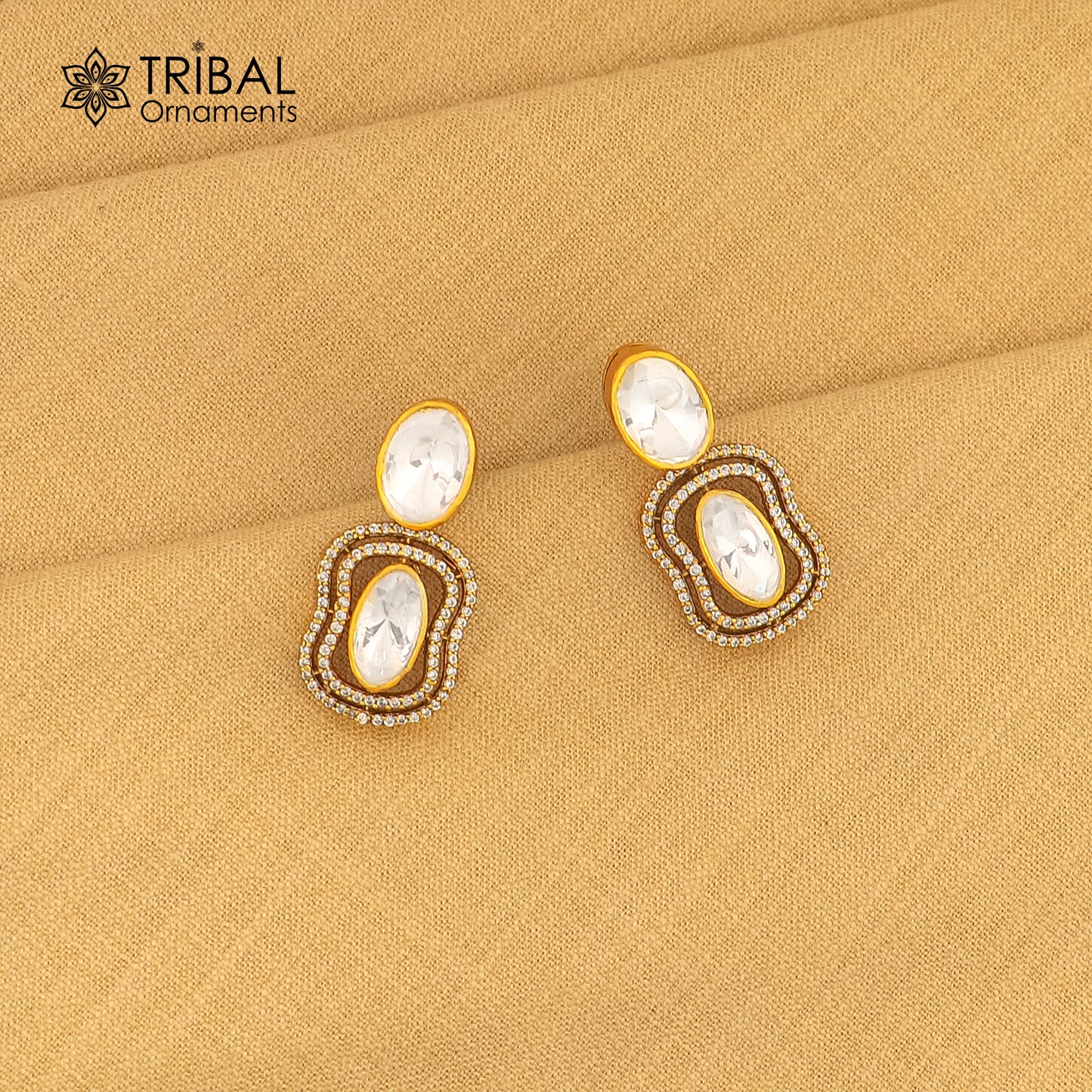925 sterling silver stylish design white kundan stud polki style earring er209 - TRIBAL ORNAMENTS