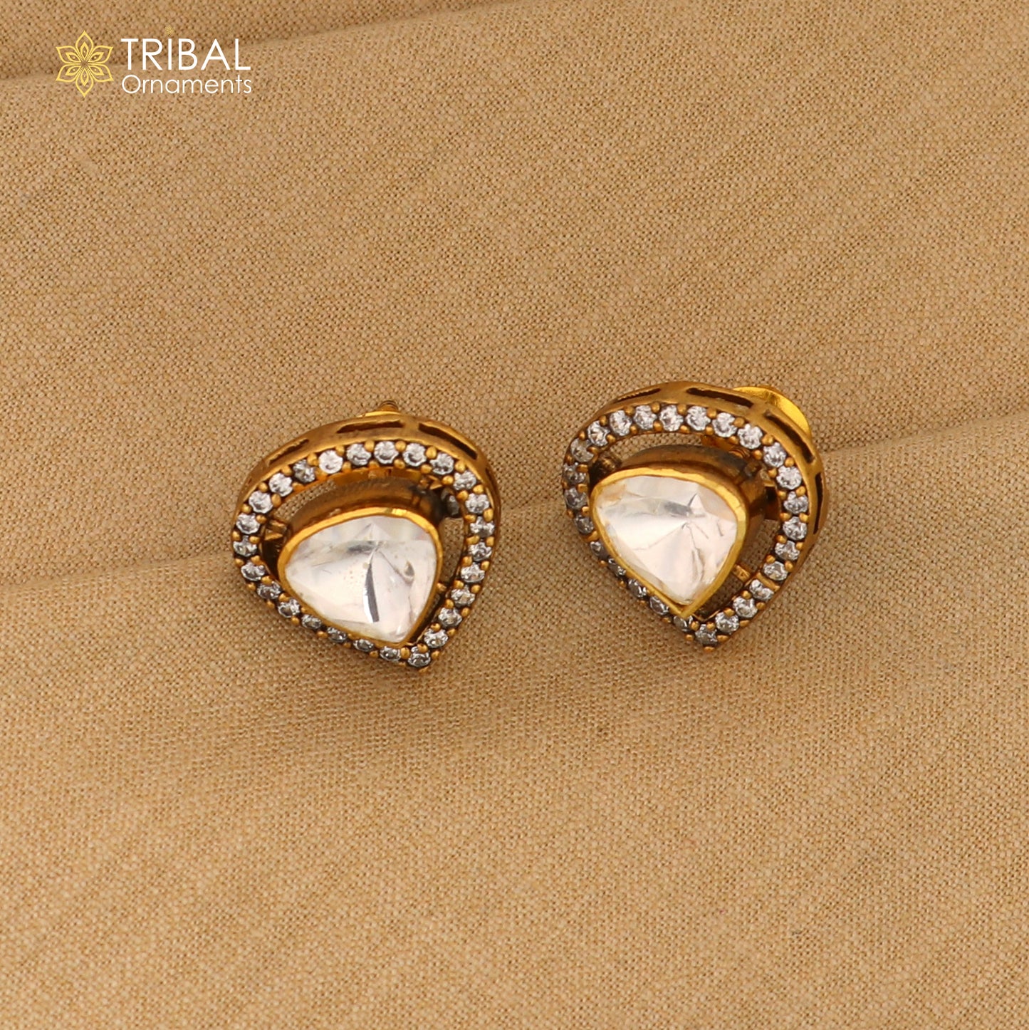 925 sterling silver stylish design white kundan stud polki style earring er211 - TRIBAL ORNAMENTS