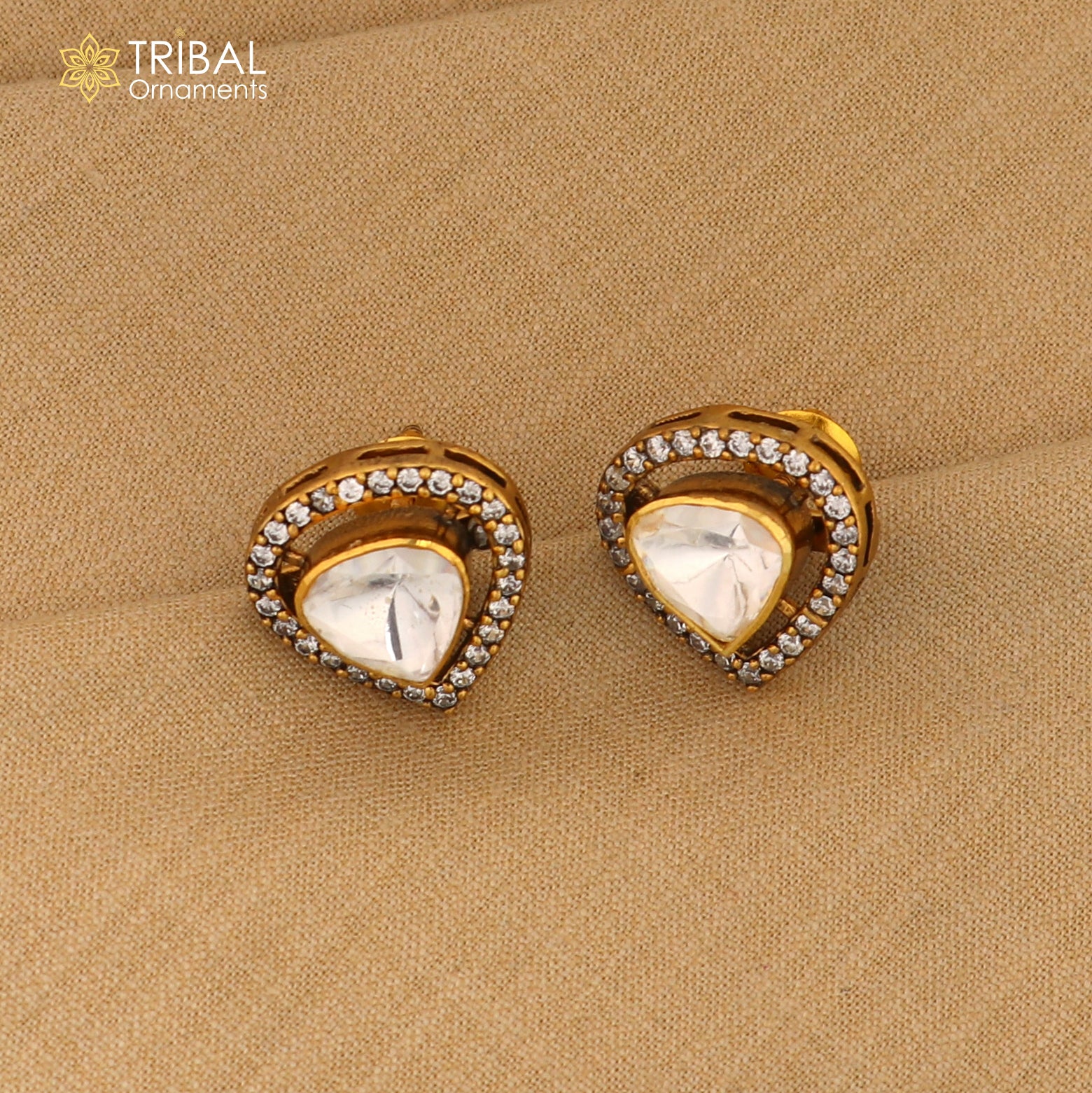 925 sterling silver stylish design white kundan stud polki style earring er211 - TRIBAL ORNAMENTS