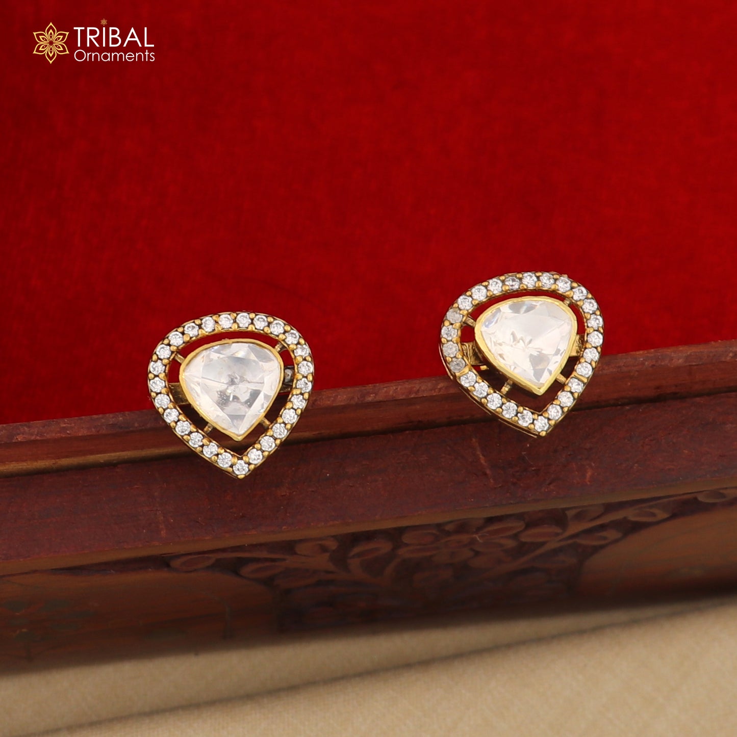 925 sterling silver stylish design white kundan stud polki style earring er211 - TRIBAL ORNAMENTS