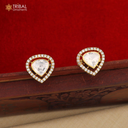 925 sterling silver stylish design white kundan stud polki style earring er211 - TRIBAL ORNAMENTS