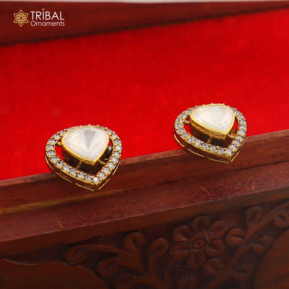 925 sterling silver stylish design white kundan stud polki style earring er211 - TRIBAL ORNAMENTS