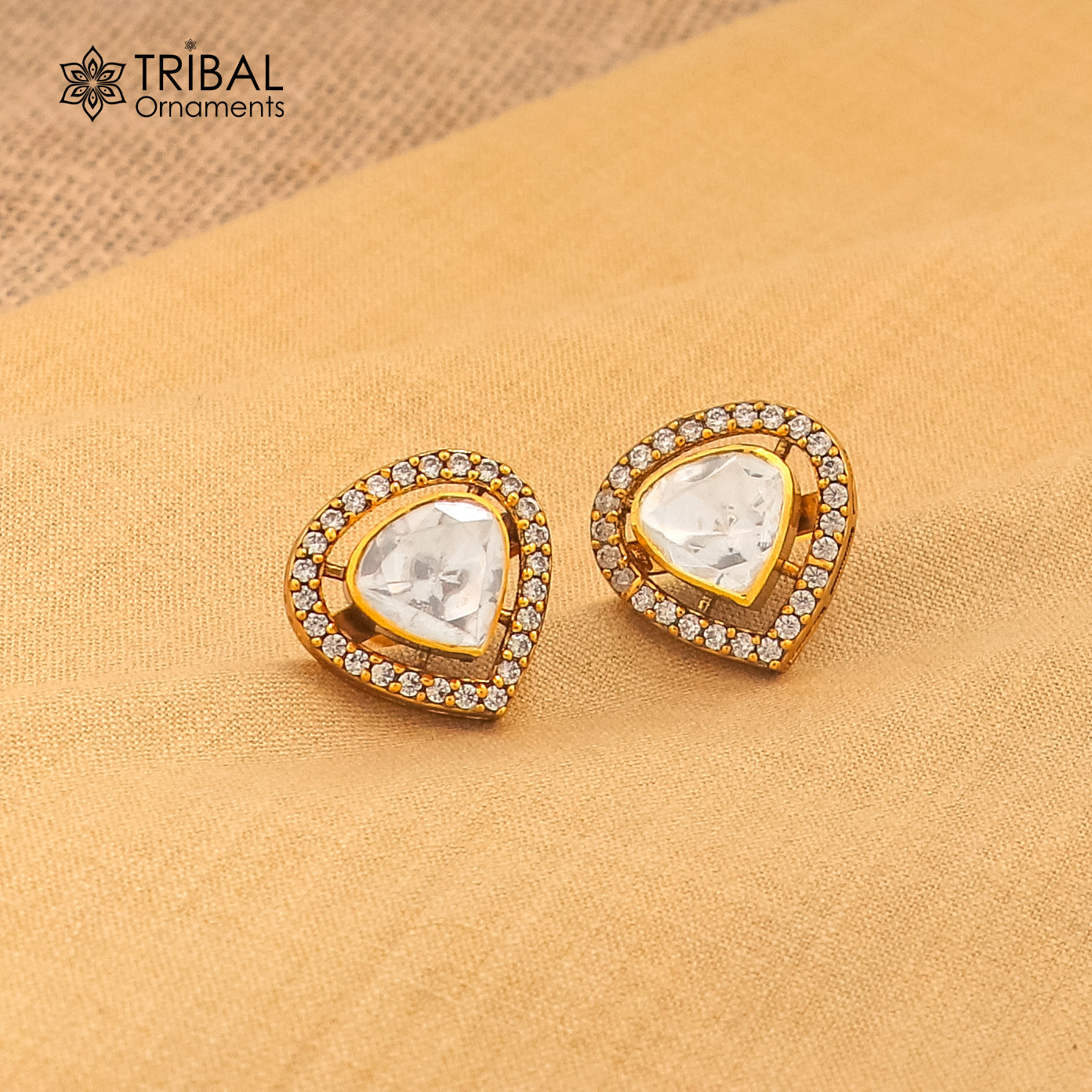 925 sterling silver stylish design white kundan stud polki style earring er211 - TRIBAL ORNAMENTS