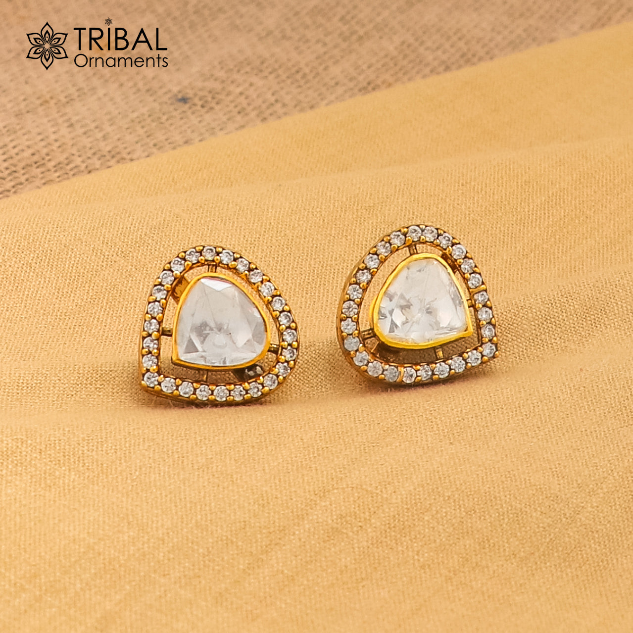 925 sterling silver stylish design white kundan stud polki style earring er211 - TRIBAL ORNAMENTS