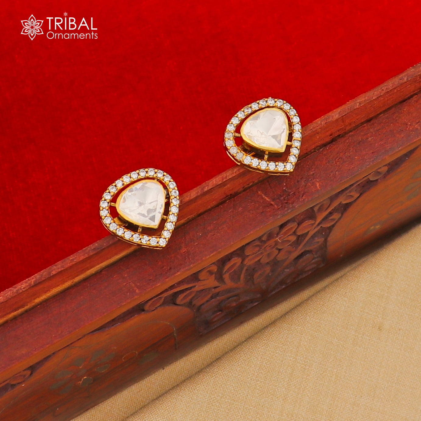 925 sterling silver stylish design white kundan stud polki style earring er211 - TRIBAL ORNAMENTS
