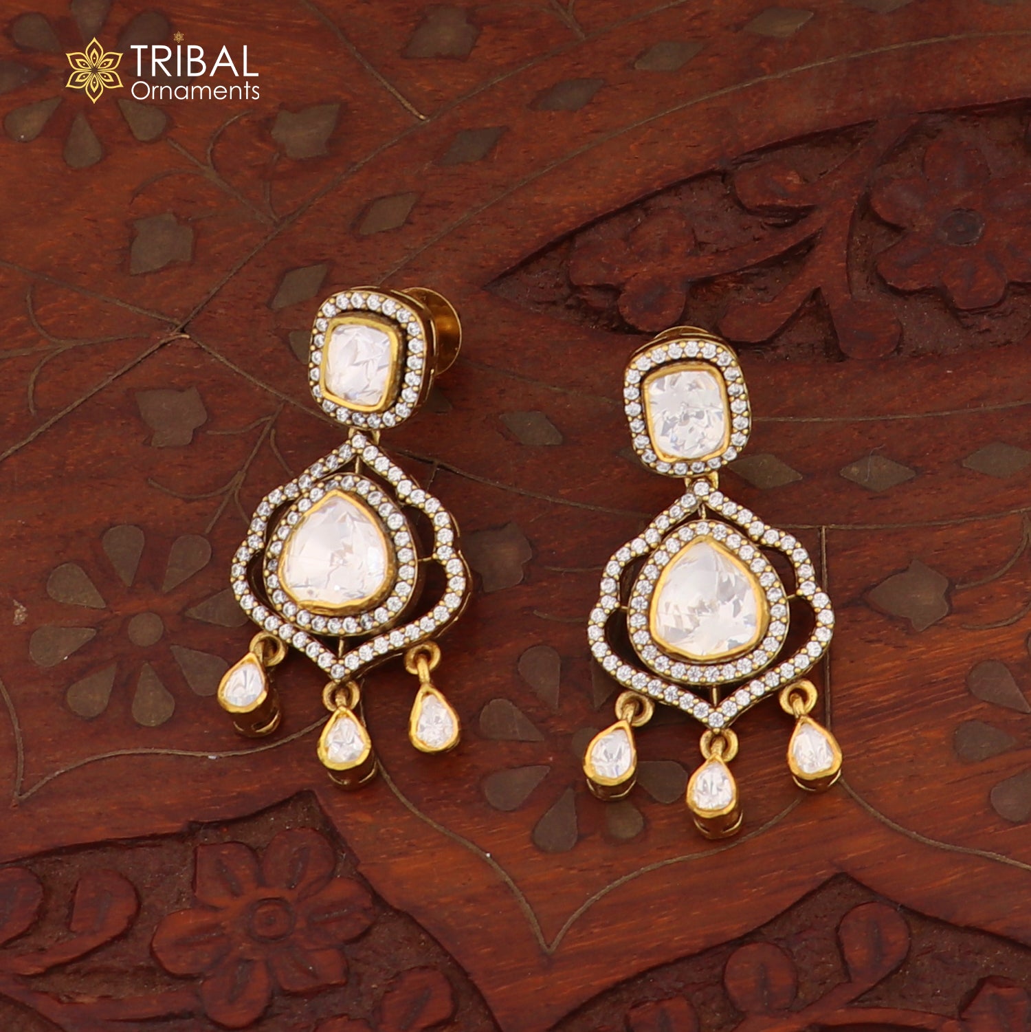 925 sterling silver stylish design white kundan stud polki style earring er213 - TRIBAL ORNAMENTS