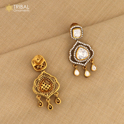 925 sterling silver stylish design white kundan stud polki style earring er213 - TRIBAL ORNAMENTS
