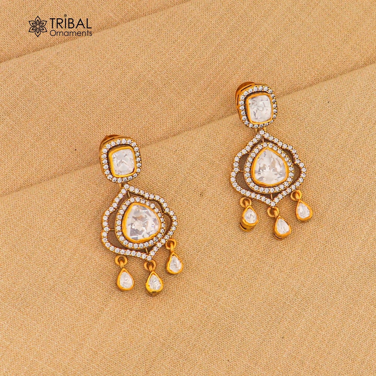 925 sterling silver stylish design white kundan stud polki style earring er213 - TRIBAL ORNAMENTS