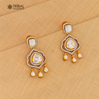 925 sterling silver stylish design white kundan stud polki style earring er213 - TRIBAL ORNAMENTS