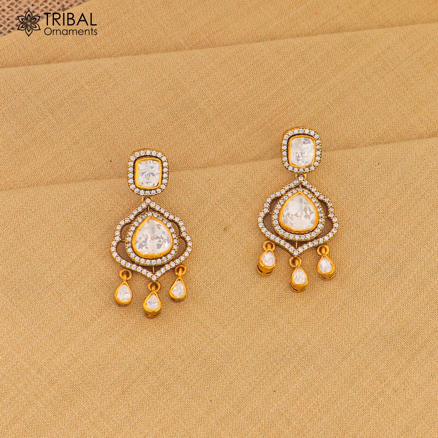 925 sterling silver stylish design white kundan stud polki style earring er213 - TRIBAL ORNAMENTS