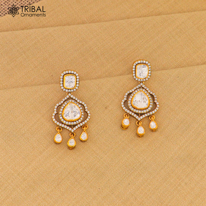 925 sterling silver stylish design white kundan stud polki style earring er213 - TRIBAL ORNAMENTS