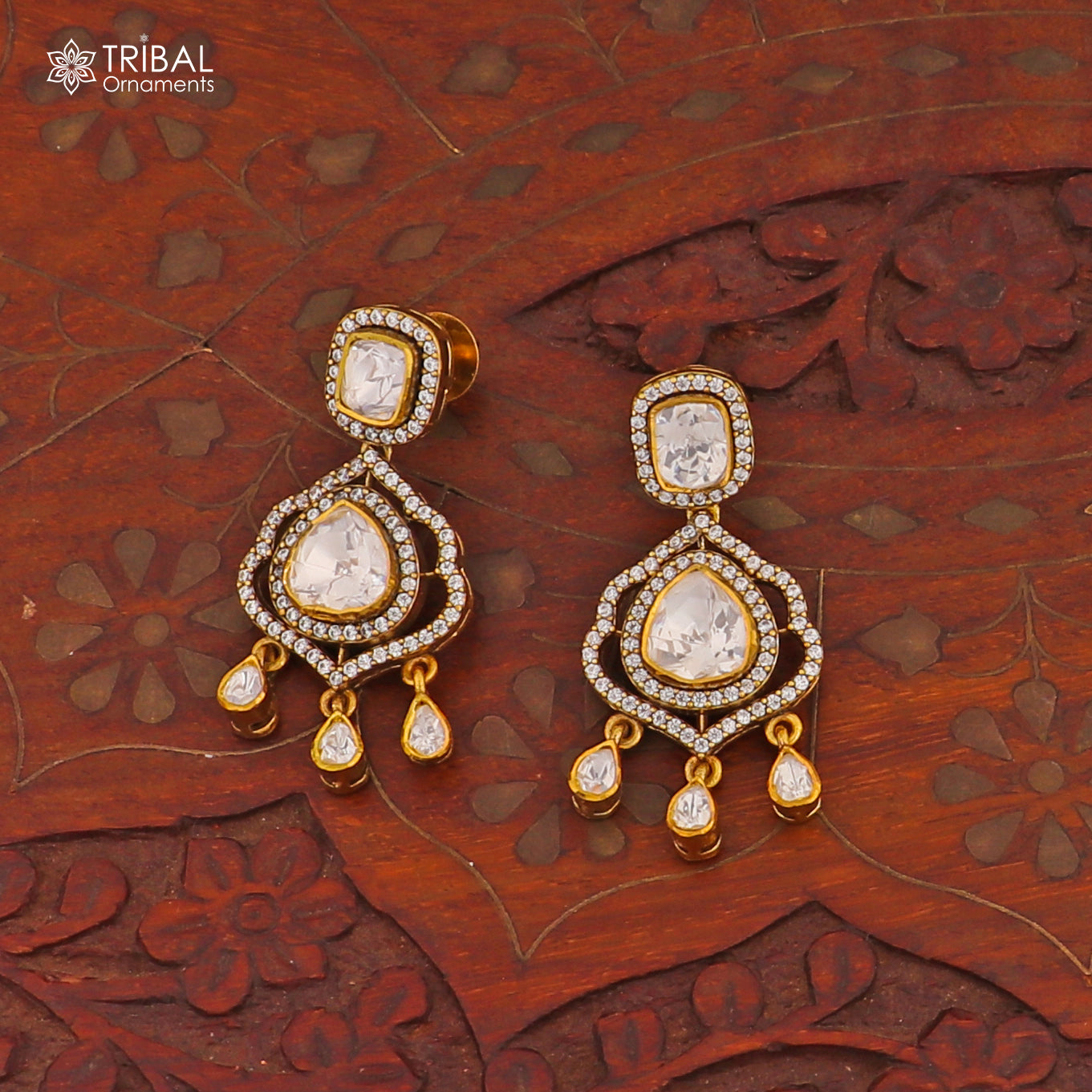 925 sterling silver stylish design white kundan stud polki style earring er213 - TRIBAL ORNAMENTS