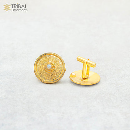 Pair of 925 Sterling silver stylish gold polished cufflinks set for men's coats or suits, by TRIBAL ORNAMENTS.
