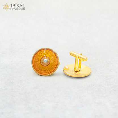 Sterling silver cufflinks set of 2 with gold polish, stylish men's dress cufflinks for coat or suit by TRIBAL ORNAMENTS