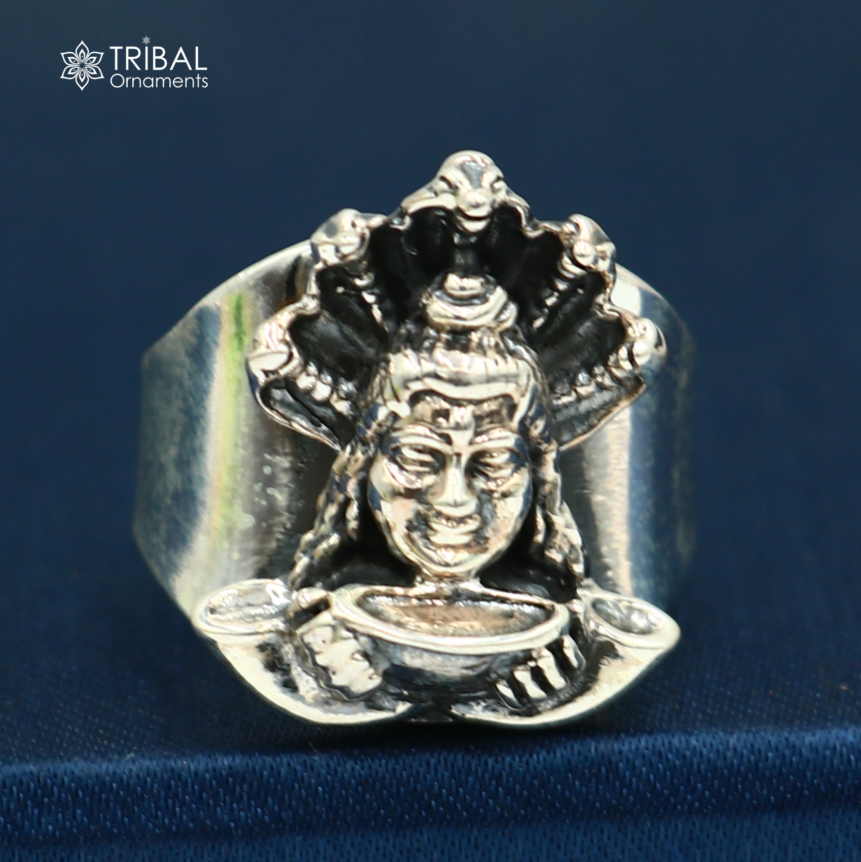Sterling silver Mahakal design adjustable ring by Tribal Ornaments, featuring intricate tribal jewelry craftsmanship.