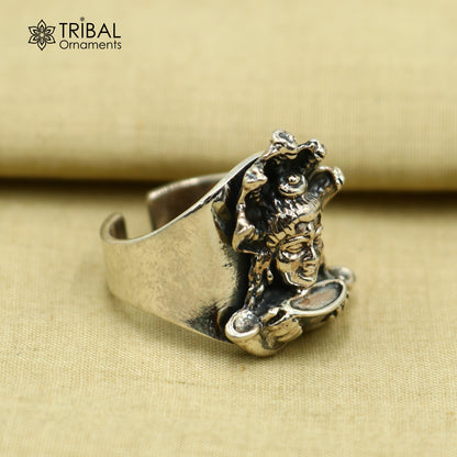 Sterling silver Mahakal design adjustable ring by TRIBAL ORNAMENTS, featuring intricate tribal-inspired jewelry craftsmanship.