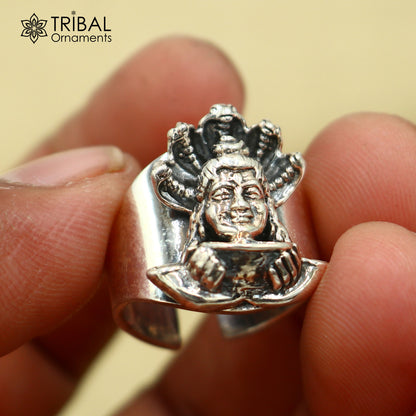 Sterling silver Mahakal design adjustable ring by TRIBAL ORNAMENTS, featuring intricate tribal-inspired jewelry craftsmanship.