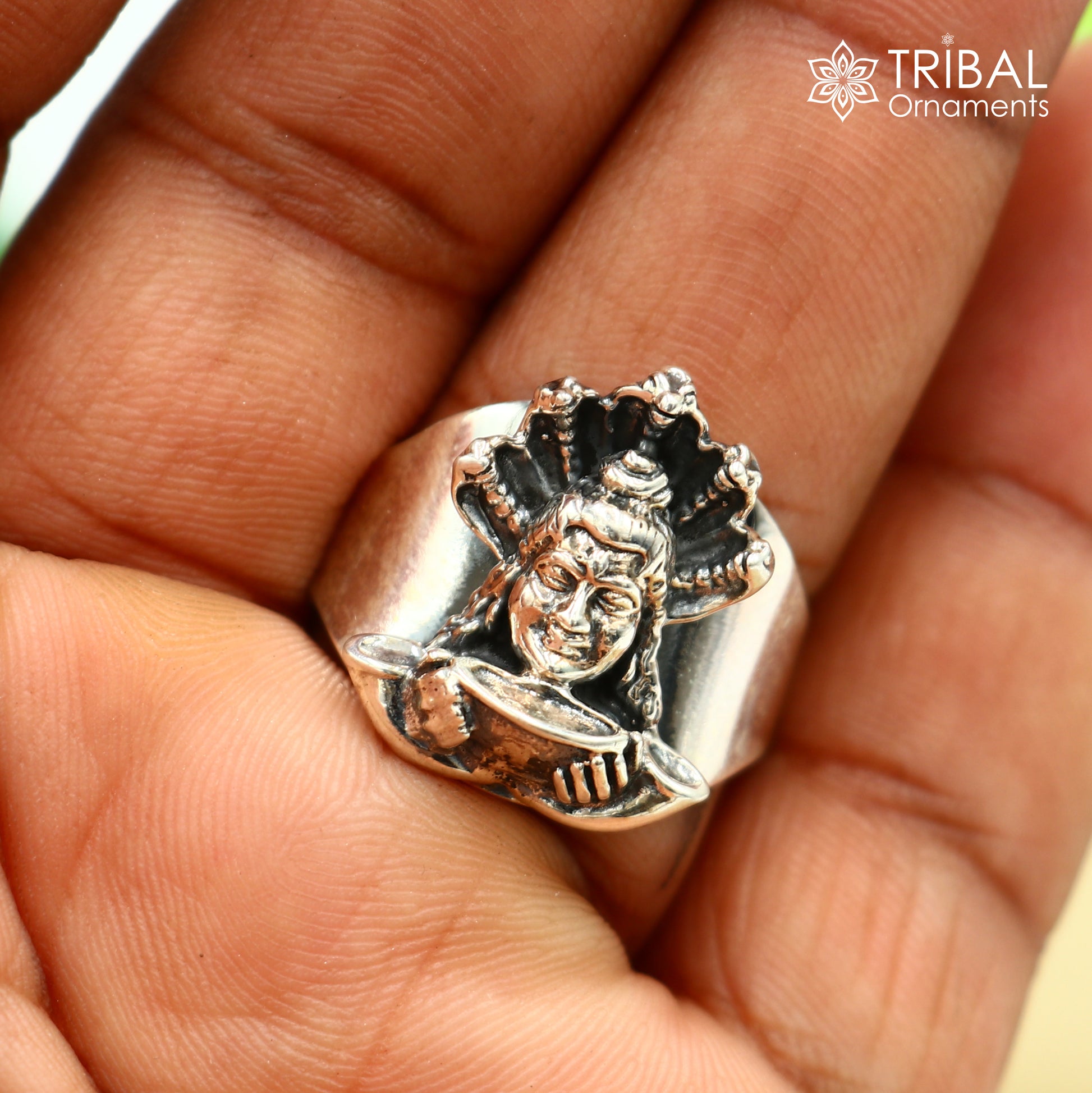 Sterling silver Mahakal design adjustable ring featuring intricate tribal ornament details, crafted by TRIBAL ORNAMENTS.