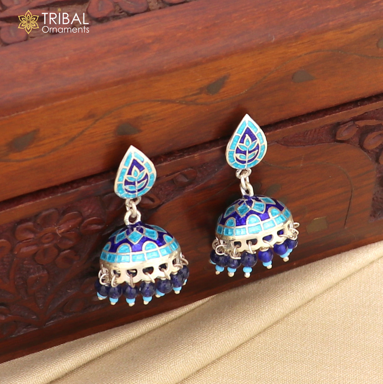925 sterling silver stylish minakari design jumka earring er220 - TRIBAL ORNAMENTS